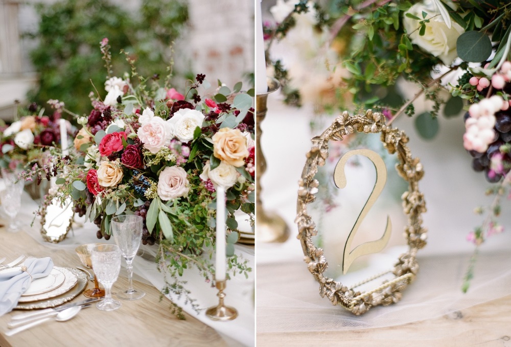 Elegant Floral Centerpiece & Gold Table Number // Photography ~ Rebecca Yale Photography