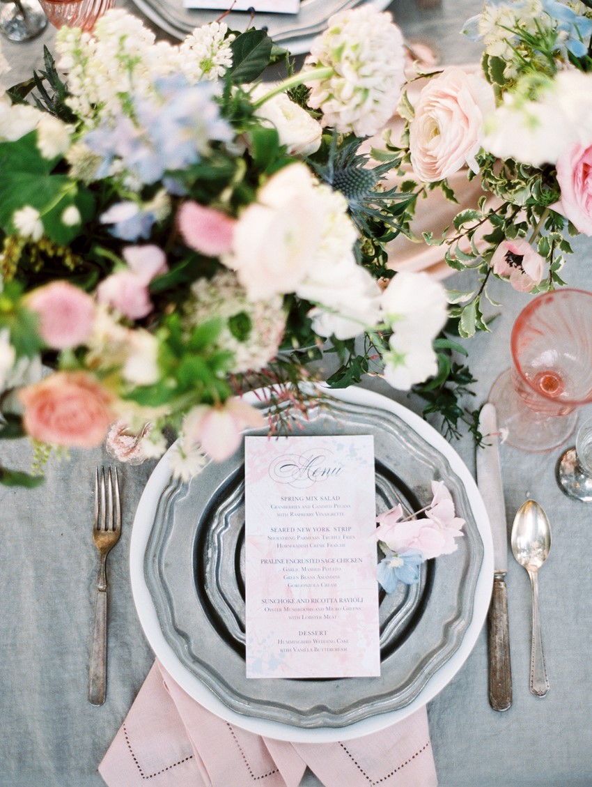 Serenity Blue & Rose Quartz Wedding Place Setting \\ Photography - Charla Storey