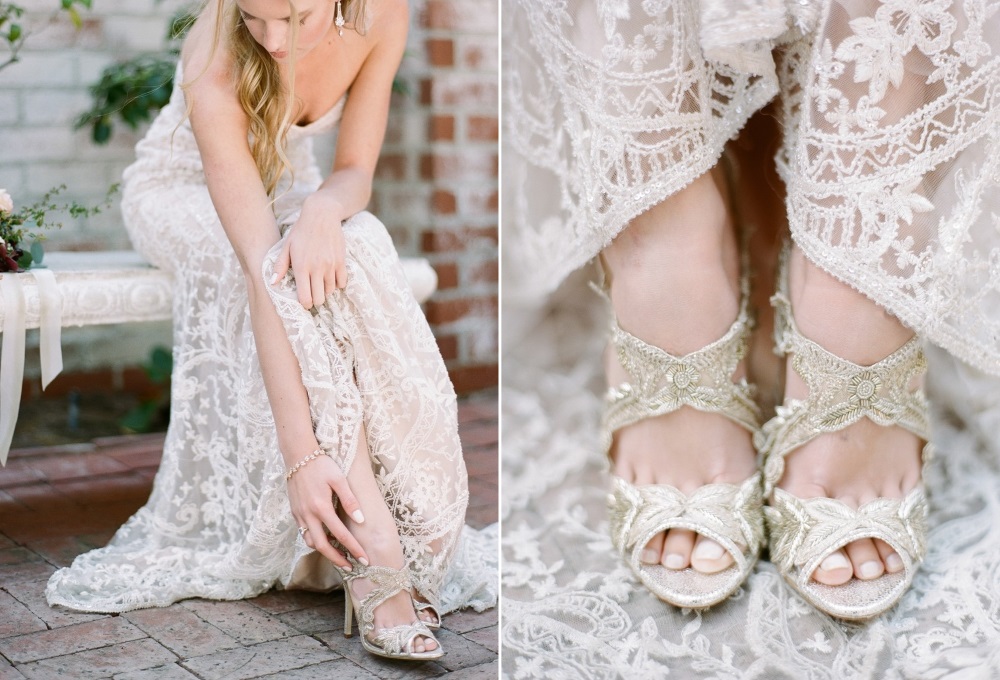 Elegant Gold Lace Bridal Shoes // Photography ~ Rebecca Yale Photography