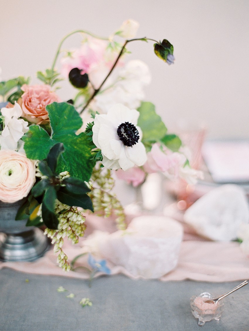 Serenity Blue & Rose Quartz Wedding Floral Centrepiece \\ Photography - Charla Storey