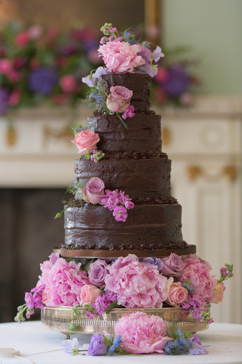 Flower Adorned Chocolate Wedding Cake