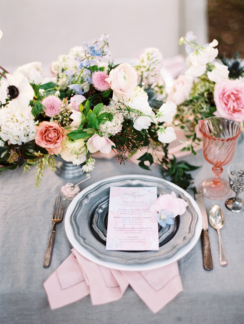 Serenity Blue & Rose Quartz Wedding Place Setting \\ Photography - Charla Storey