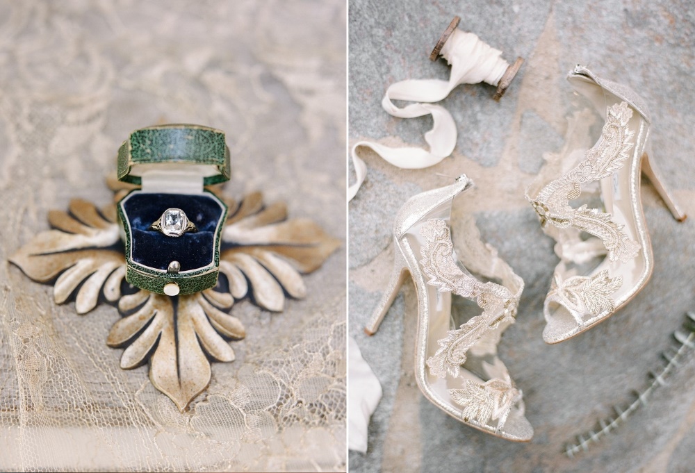 Vintage Engagement Ring & Gold Bridal Shoes // Photography ~ Rebecca Yale Photography