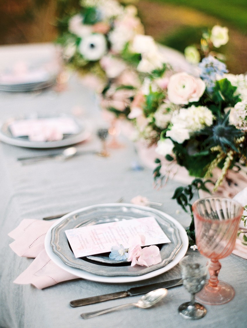 Serenity Blue & Rose Quartz Wedding Tablescape \\ Photography - Charla Storey