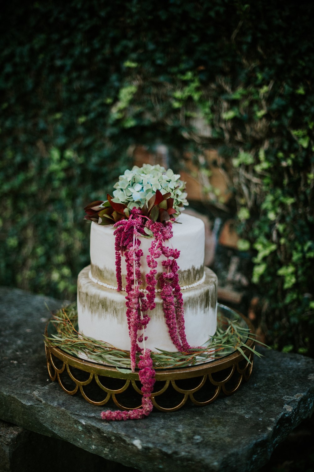 2 Tier White Metallic Wedding Cake // Photography ~ Myranda Randle Photography