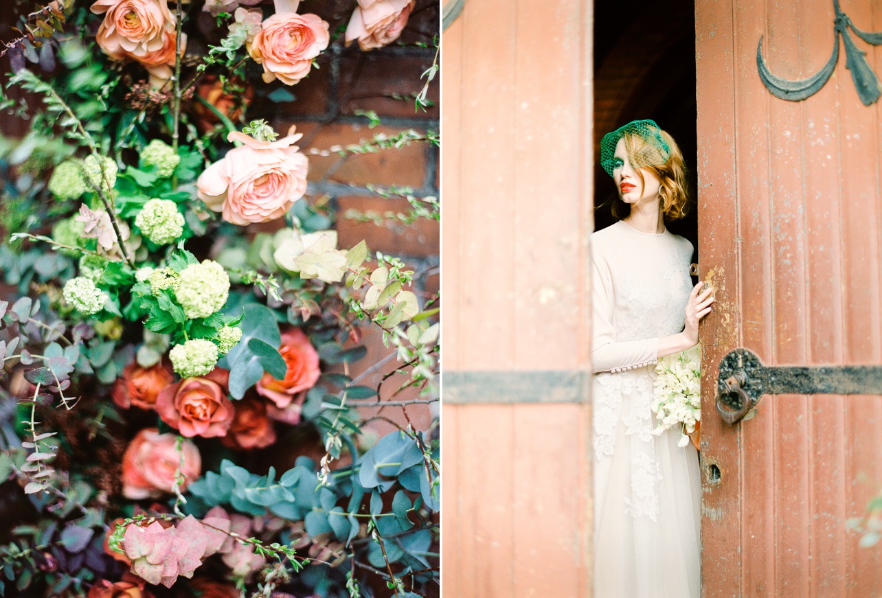 Vintage Inspired Bride with Red Hair & Green Birdcage Veil