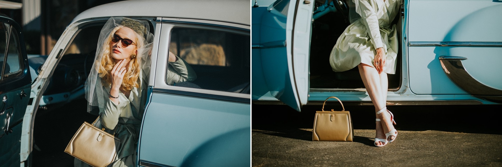 1950s Inspired bride and a vintage wedding car