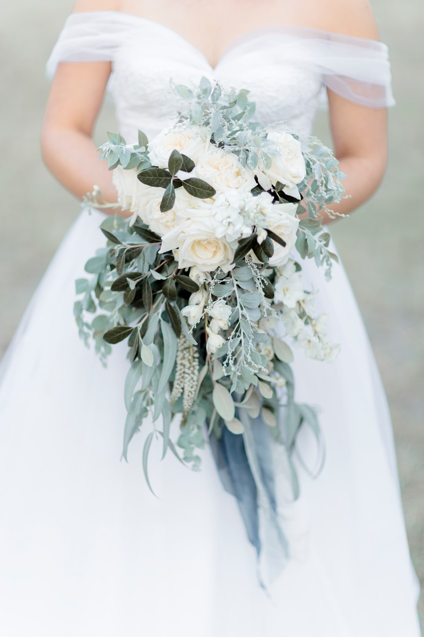White & Greyed Jade Cascading Bridal Bouquet
