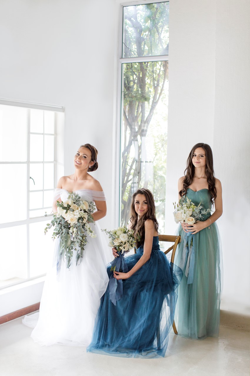 Bride & Bridesmaids in Mismatched Tulle Bridesmaid Dresses