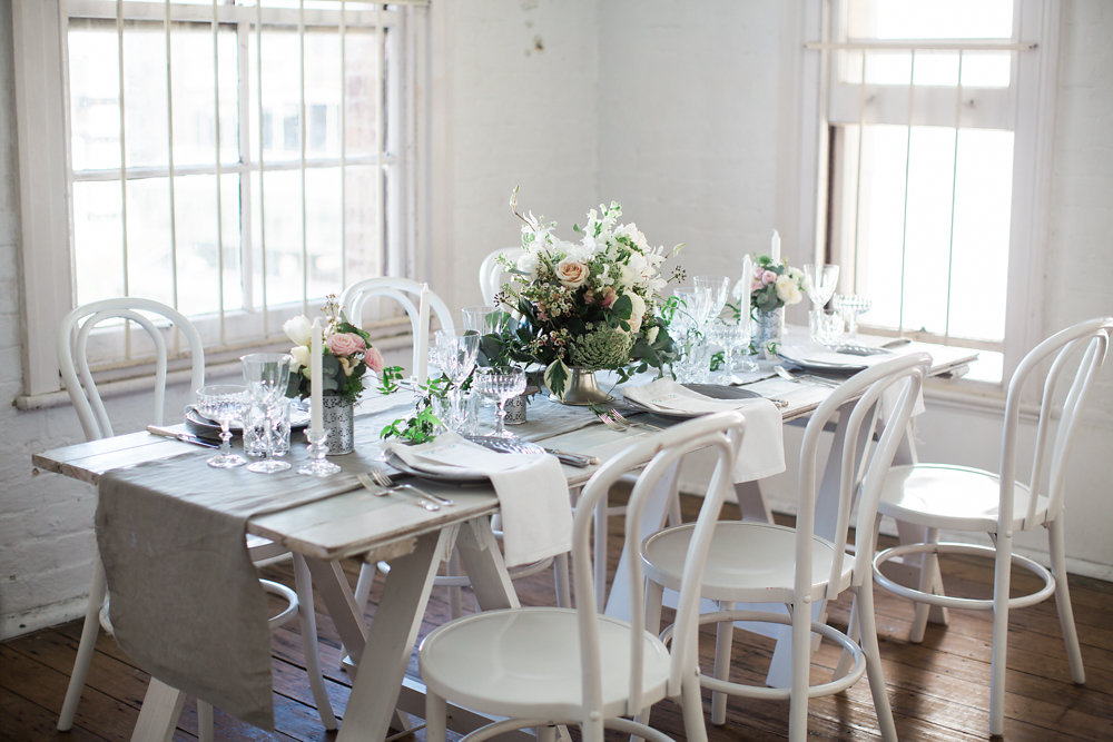Elegant White, Grey & Peach Wedding Tablescape