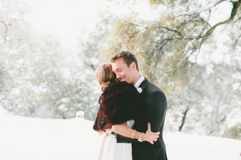 Winter Wedding First Look - A Vintage Fur Cape for a Romantic Snowy Winter Wedding
