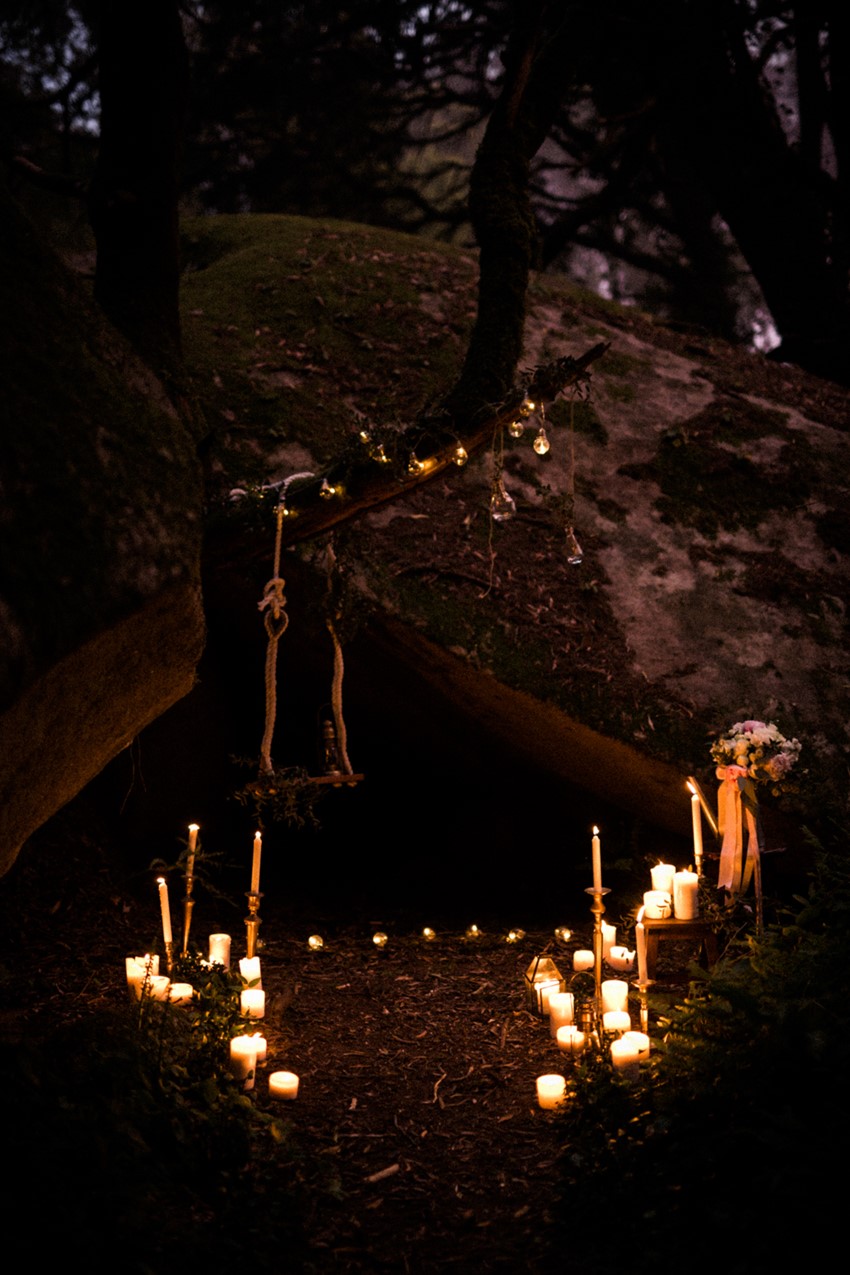 Romantic Candlelit Woodland Wedding Setting