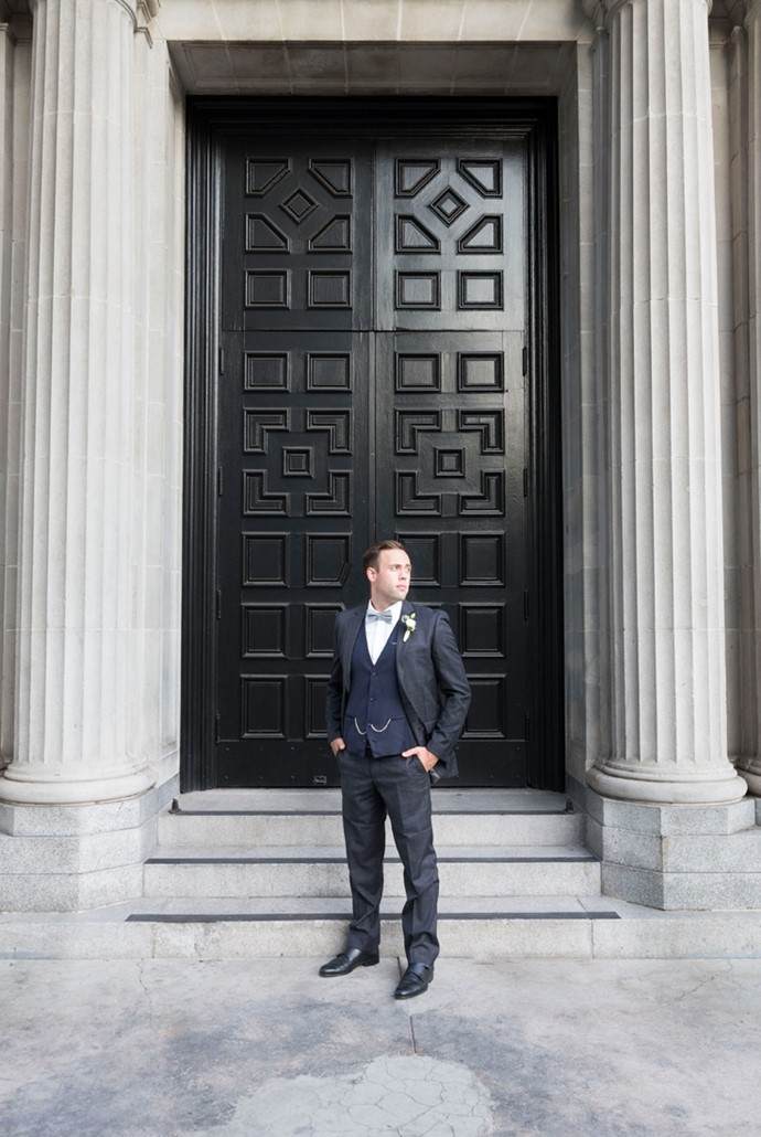 Vintage Inspired Groom in a Navy 3 Piece Suit