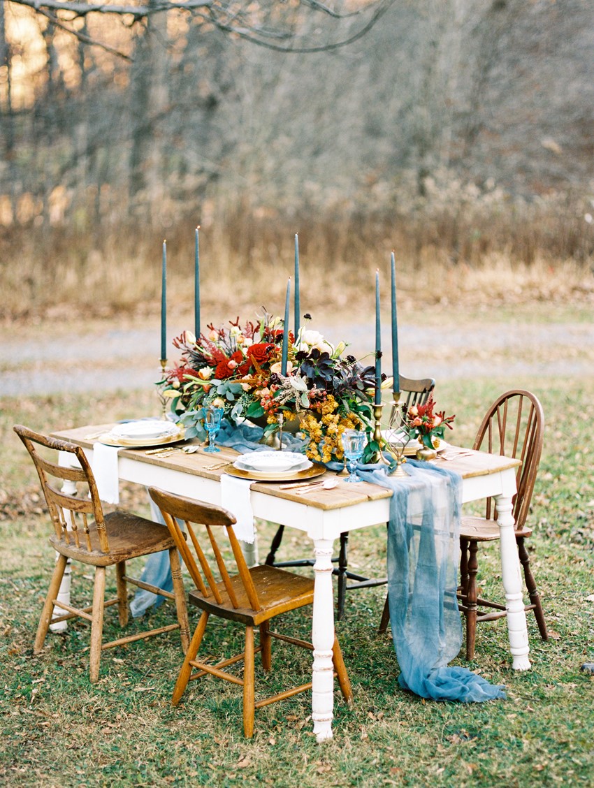Winter Wedding Tablescape in Blue, Gold & Orange