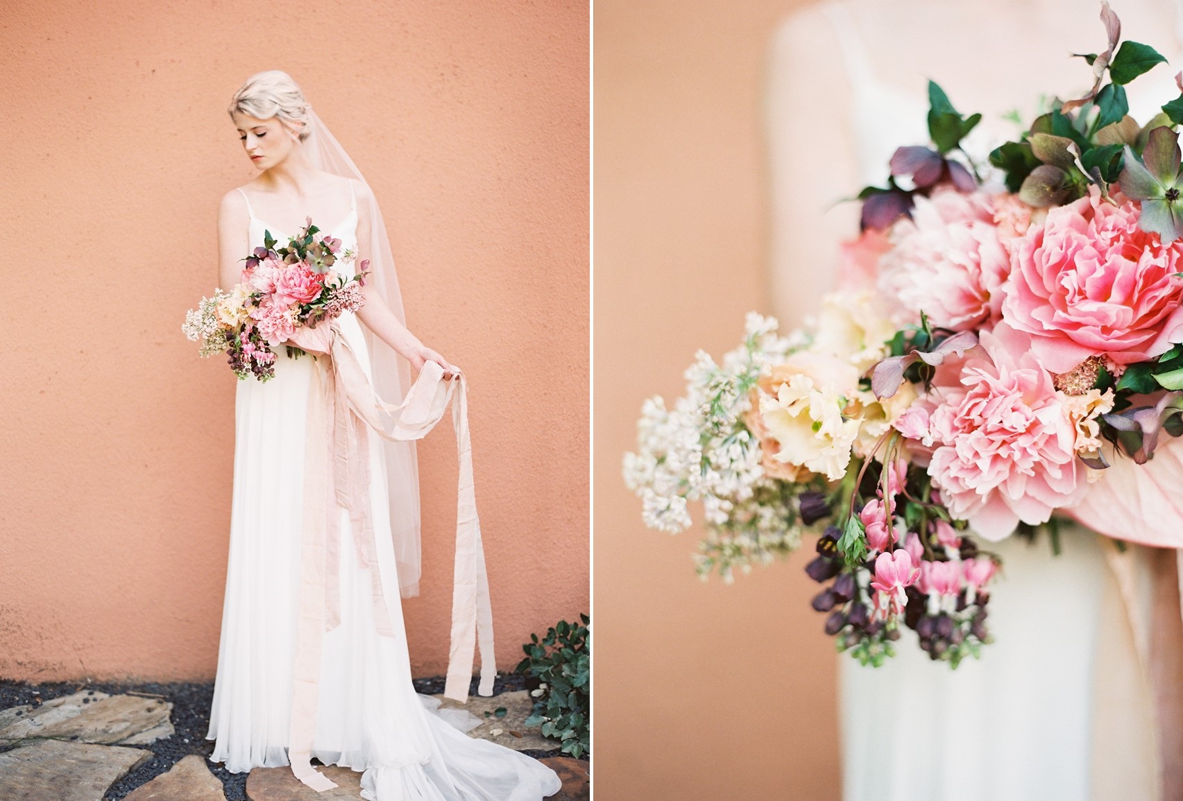 Romantic Bride with Pink Cascading Bridal Bouquet