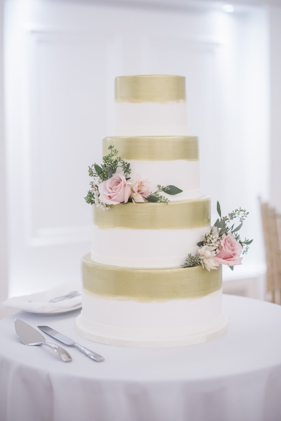 Plain White & Gold Striped Wedding Cake