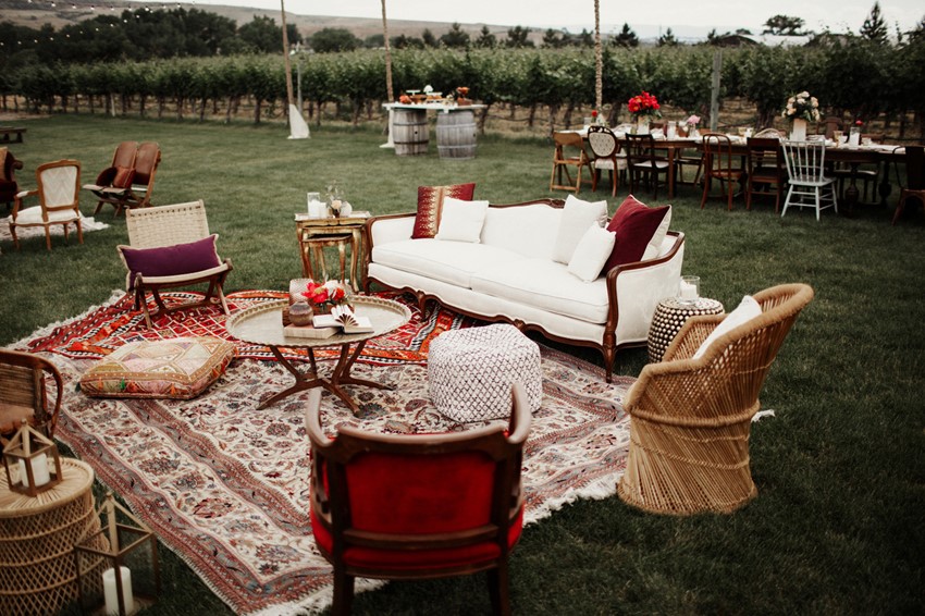 Boho Vintage Vineyard Wedding Reception Lounge