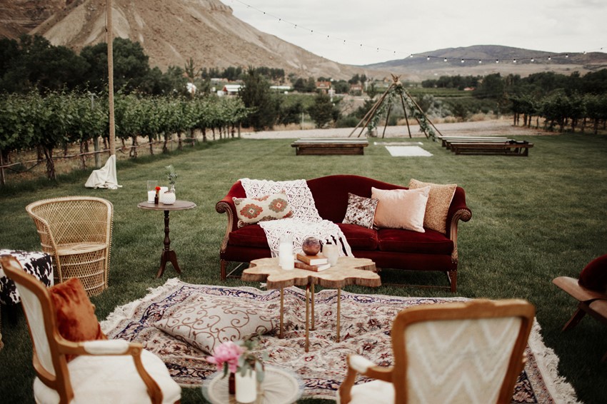 Boho Vintage Vineyard Wedding Reception Lounge