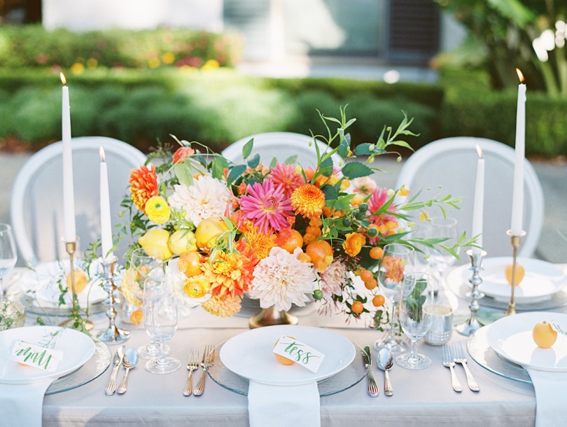 Spring Garden Wedding Centerpiece & Place Setting in Citrus Colors