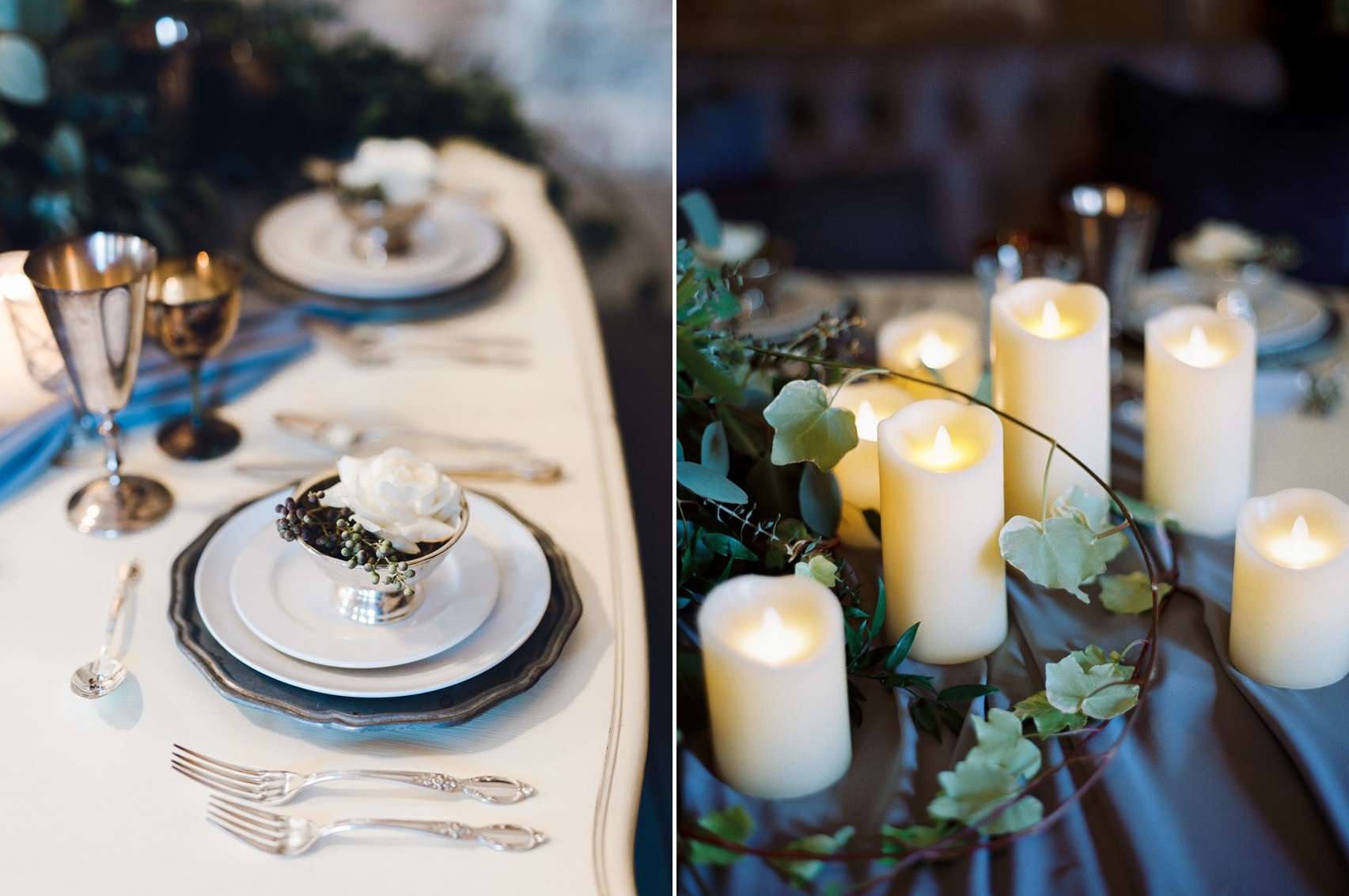 Romantic Blue & Silver Candelit Wedding Tablescape