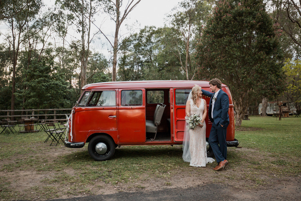 Vintage Bride & Groom with a Vintage VW Camper Van