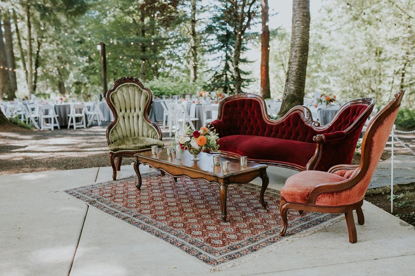 Vintage Woodland Wedding Lounge Area Velvet Sofas