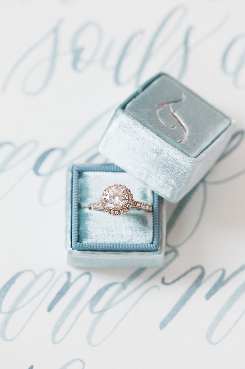Halo Diamond Engagement Ring and Velvet Ring Box