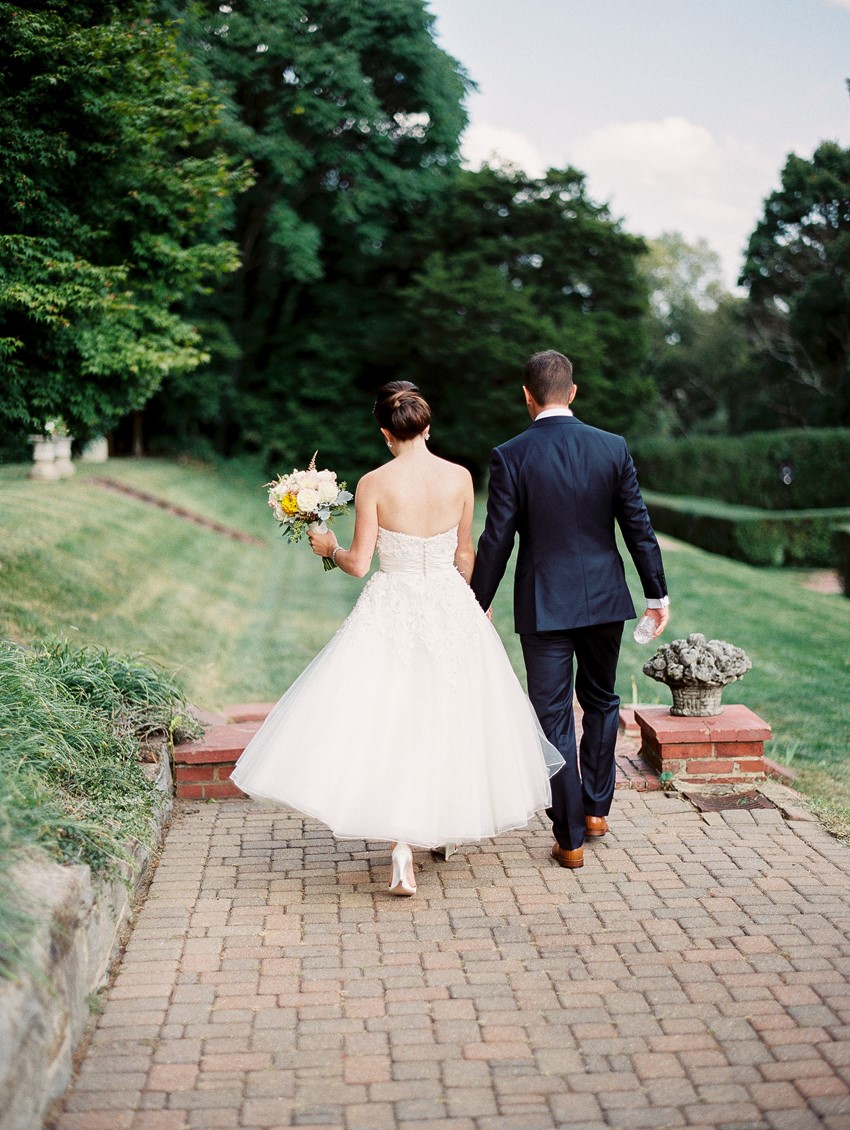 Groom & Bride in a Tea Length Wedding Dress