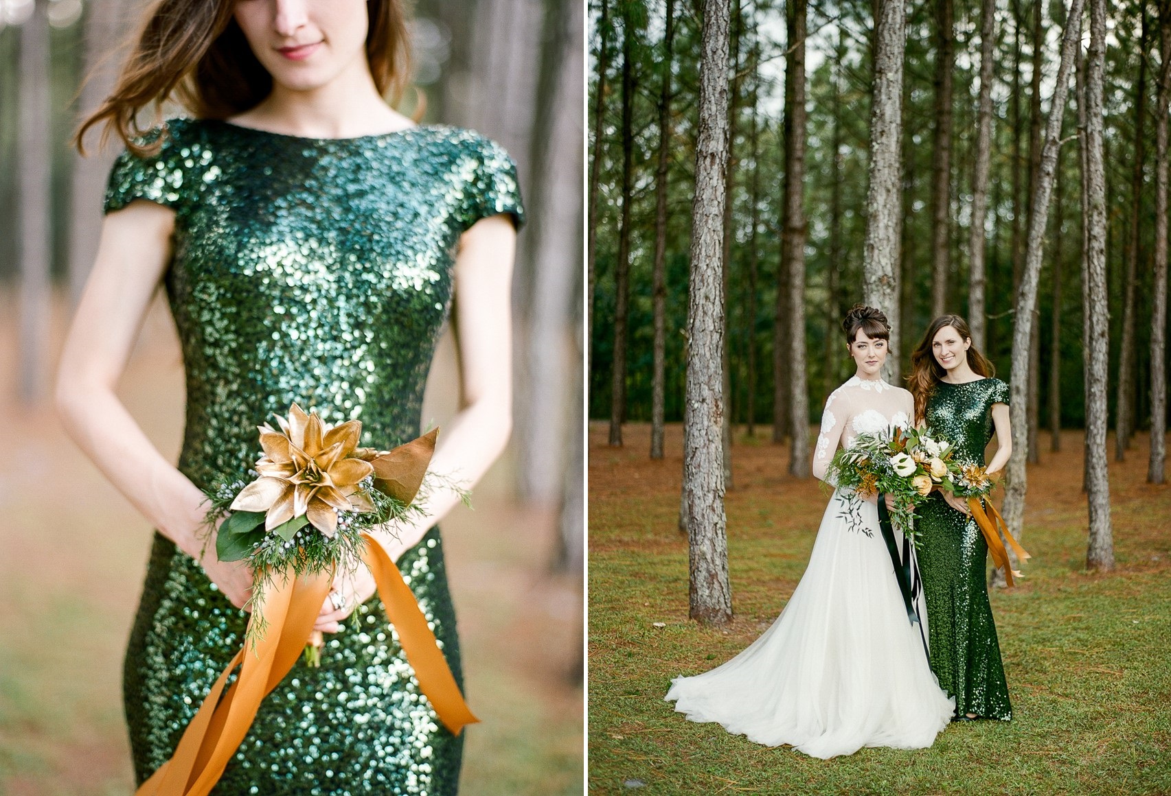 Emerald Green and Gold Holiday Wedding Bride & Bridesmaid
