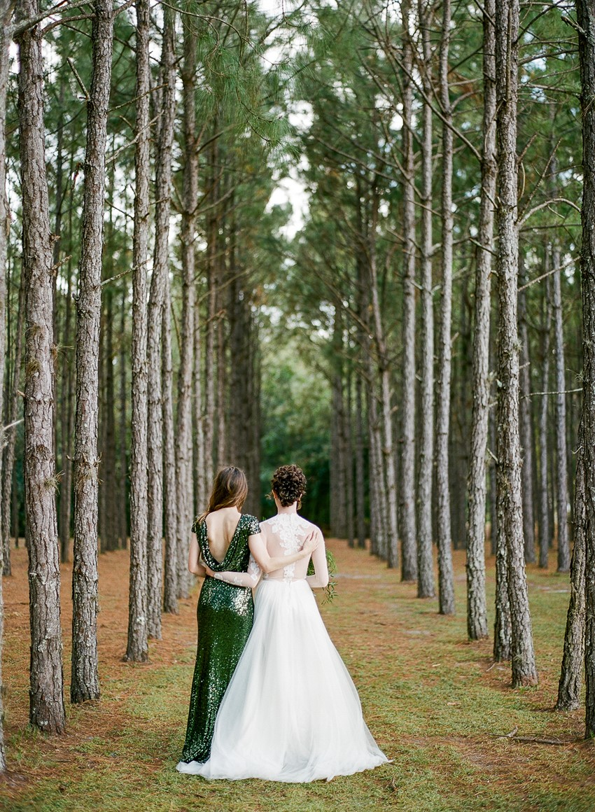 Emerald Green and Gold Woodland Wedding Bride & Bridesmaids