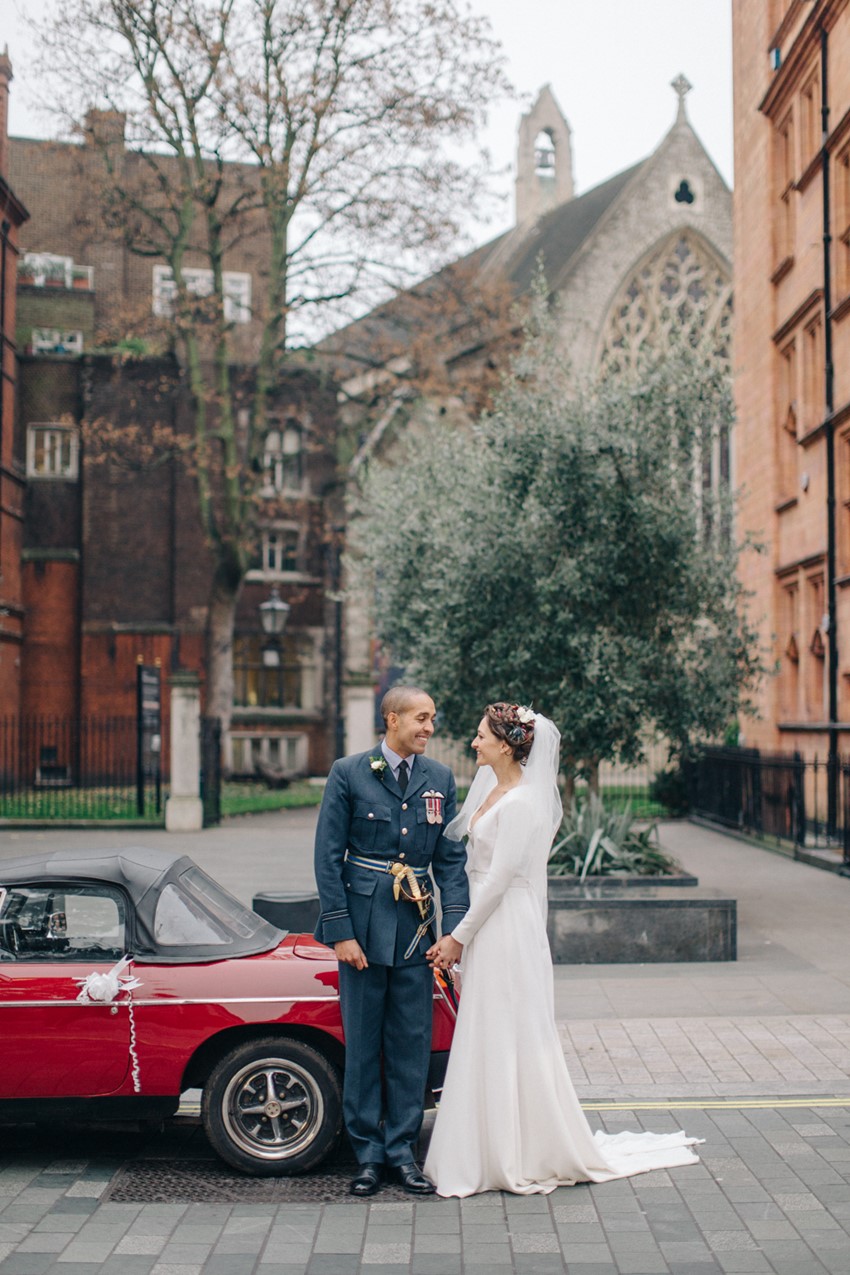 English Winter Wedding Bride & Groom & Vintage Car