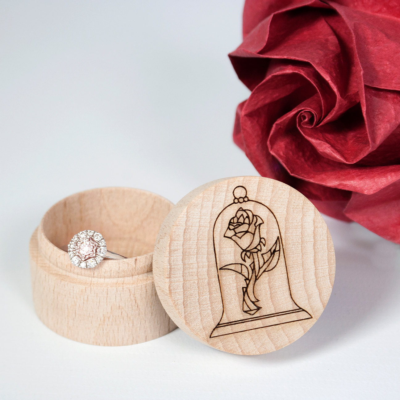 Rose Engraved Wood Ring Box