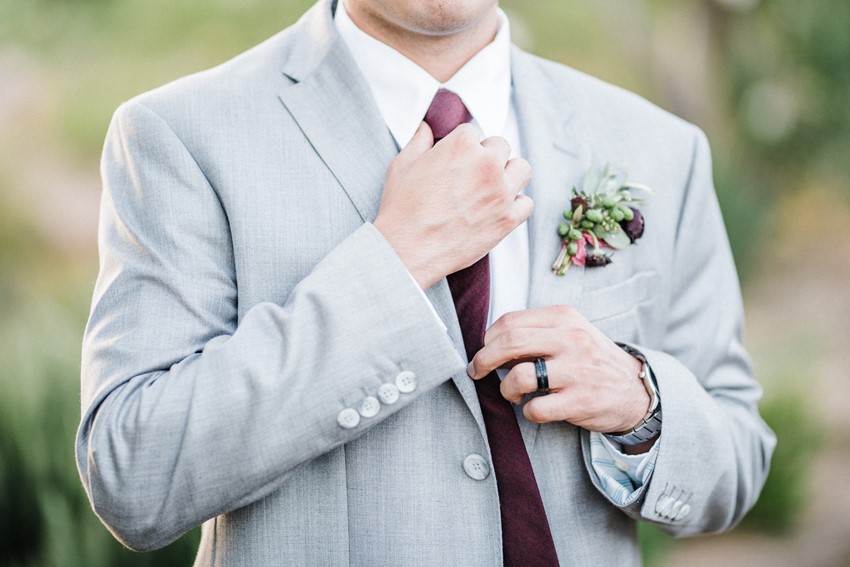 Groom in Grey Suit with Burgundy Tie & Boutonniere