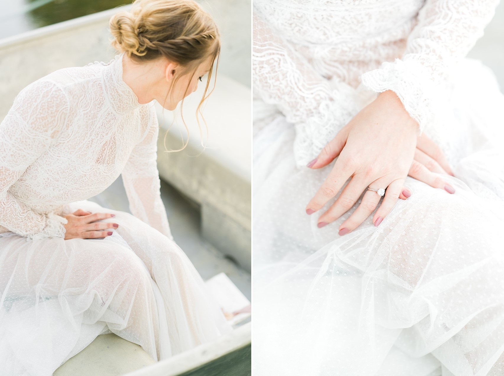 Long Lace Sleeved Wedding Dress & Engagement Ring