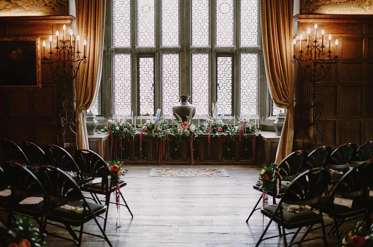 Indoor Vintage Wedding Ceremony Decor