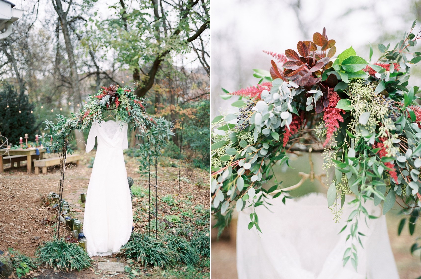 Winter Wedding Dress & Floral Arch