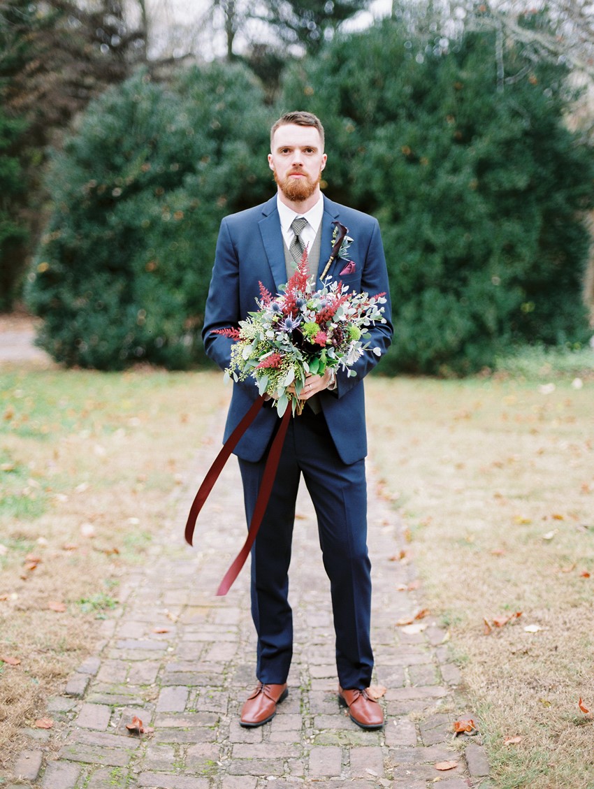 Winter Groom with Bridal Bouquet