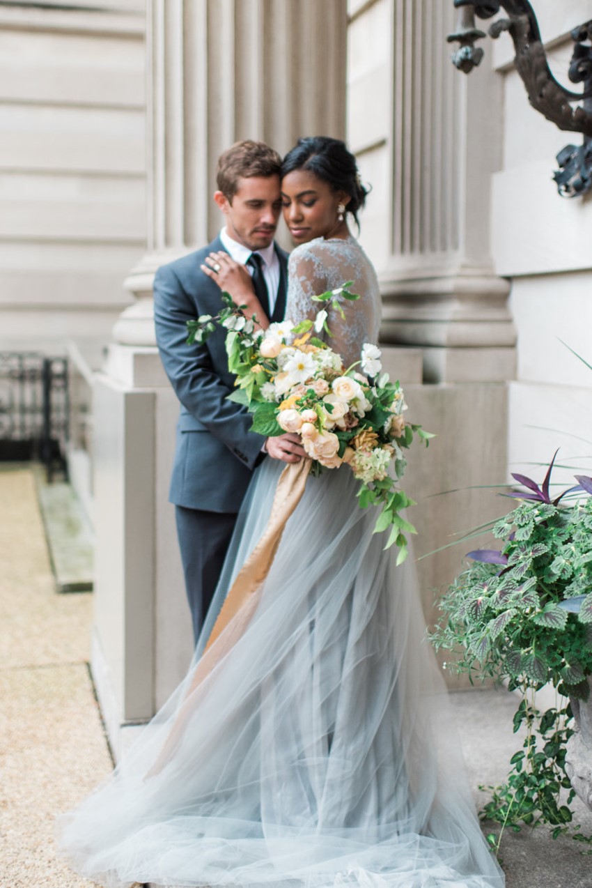 Blue Lace Long Sleeve Wedding Dress