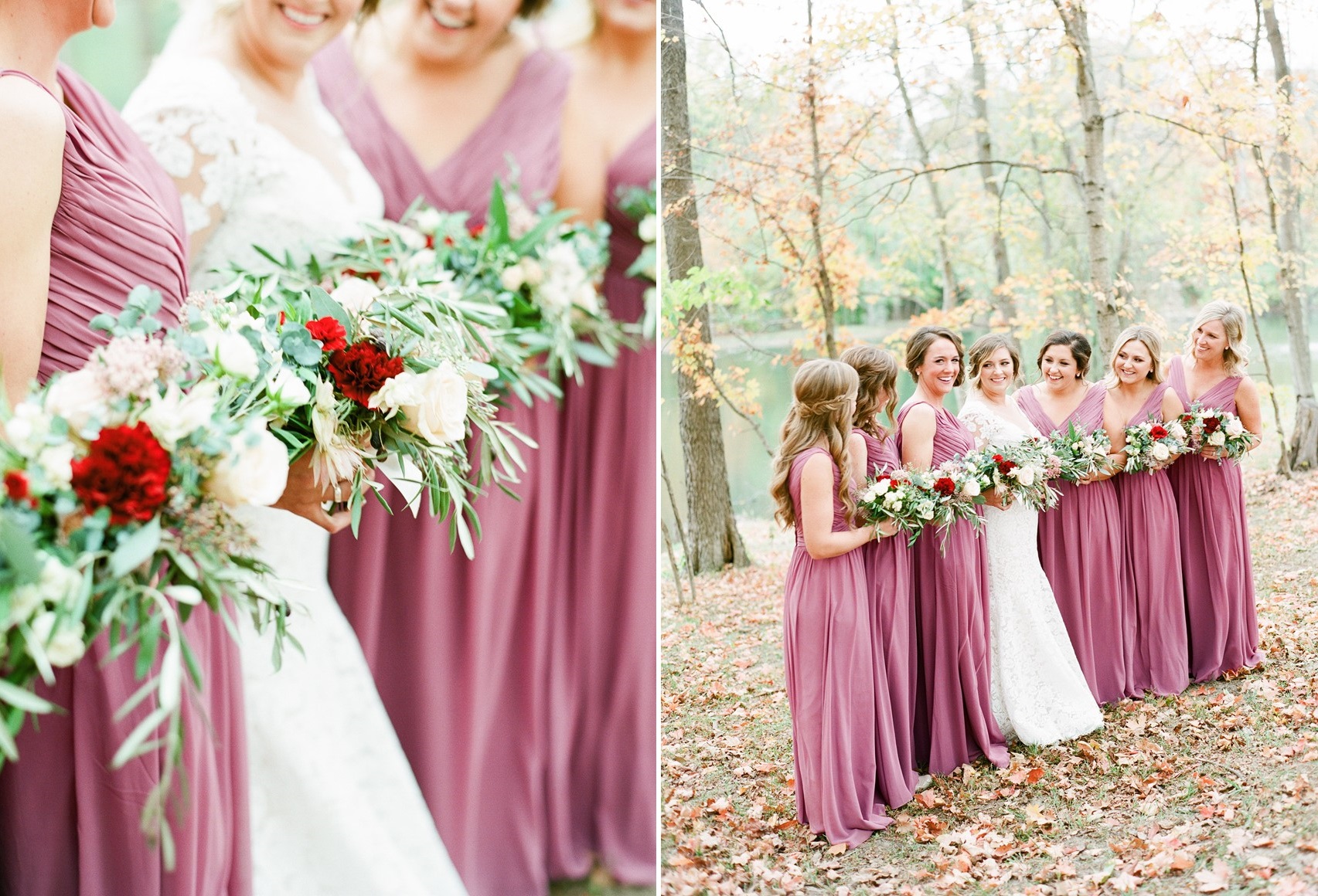 Pink bridesmaids and red bouquets