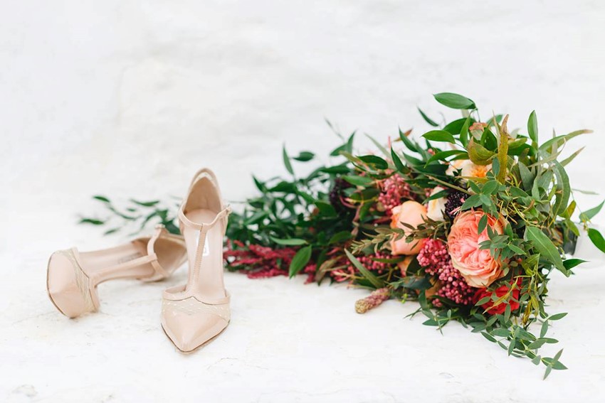 Blush Bridal Shoes & Cascading Bridal Bouquet