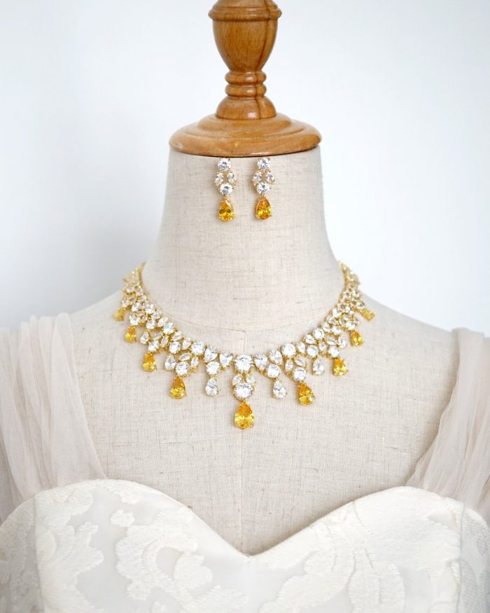 Yellow Victorian Inspired Bridal Necklace & Earrings