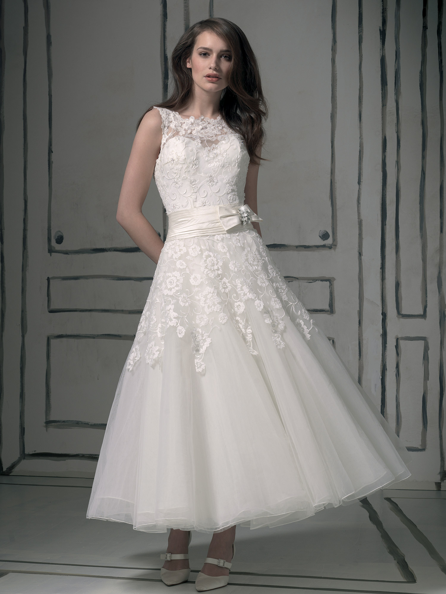 Justin Alexander Tea Length Embroidered Wedding Dress Design 8555