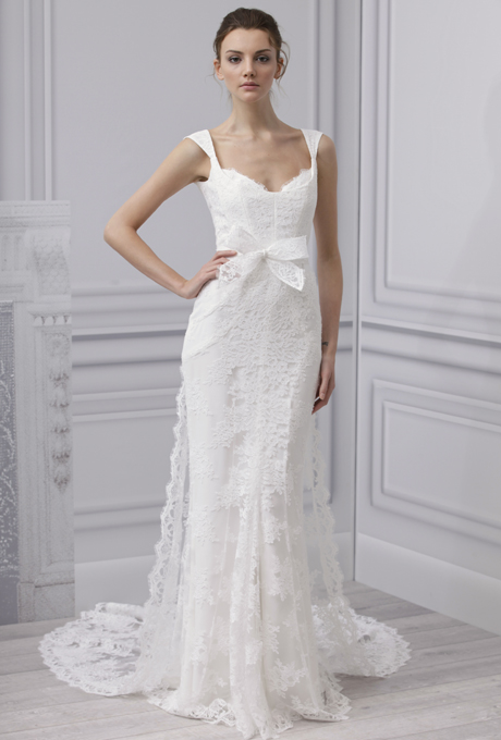 MONIQUE LHUILLIER SS13 Bridal Collection Lace Wedding Dress with train