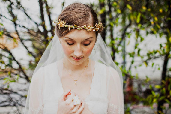 Bark vines and brass flowers halo with fingertip veil comb