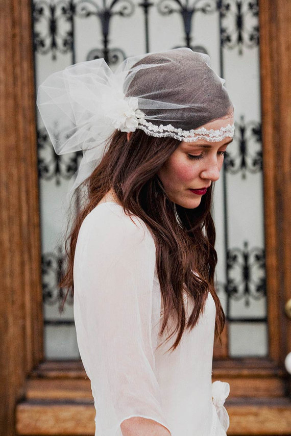 Tulle veil cap with crystal beaded alencon lace trim and silk flower accents by Mignonne Handmade