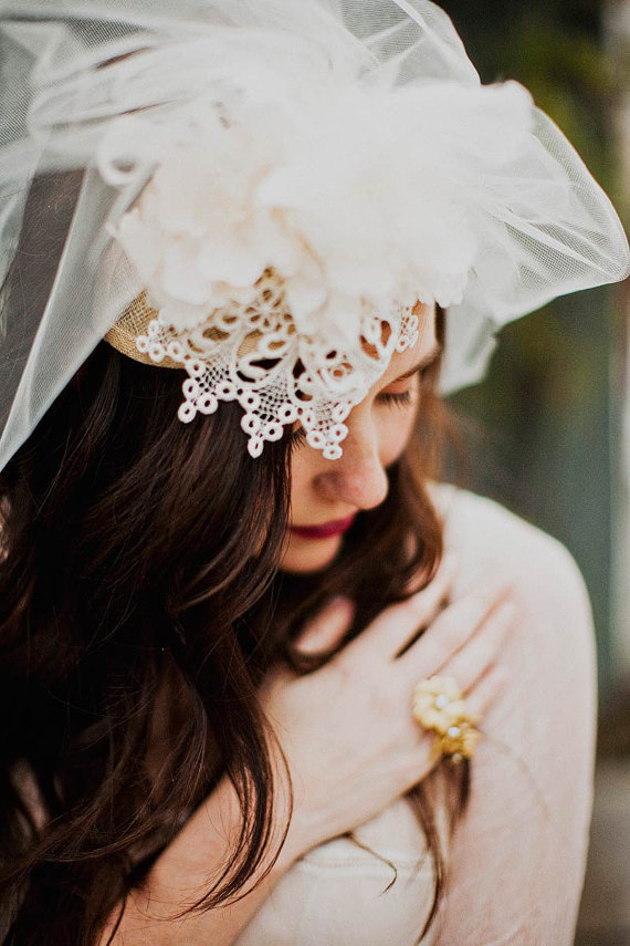 Hat with tulle veil, venice lace silk flower and leaves from Mignonne Handmade