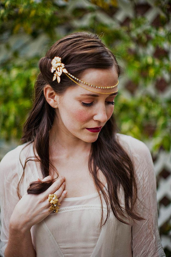 Rhinestone and chain headpiece with brass flower pins from Mignonne Handmade
