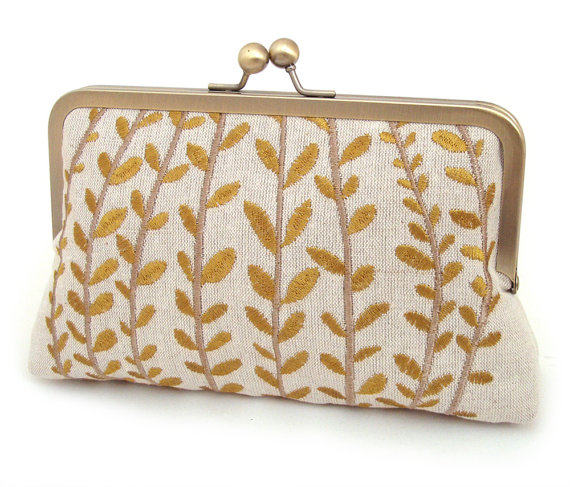 Golden Fronds Clutch Embroidered linen from Red Ruby Rose on Etsy