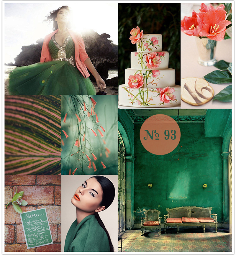 Forgotten Paradise Emerald and Coral Wedding Inspiration Board