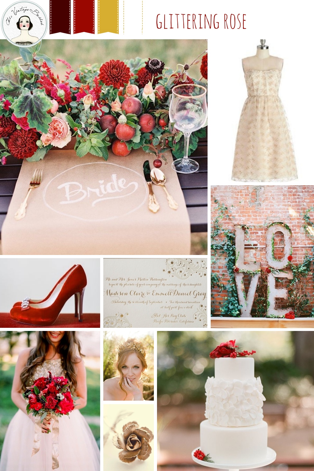 Glittering Rose Valentines Day Wedding Inspiration Board in Shades of Red & Gold